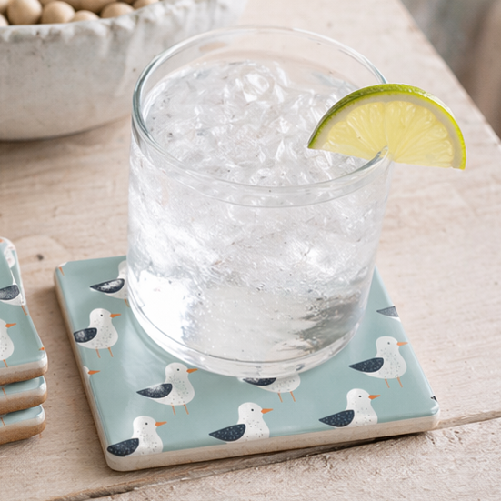 Coastal Seagull Stone Coasters, 4" Square Absorbent Coaster Set with Cork Back (Set of 4)