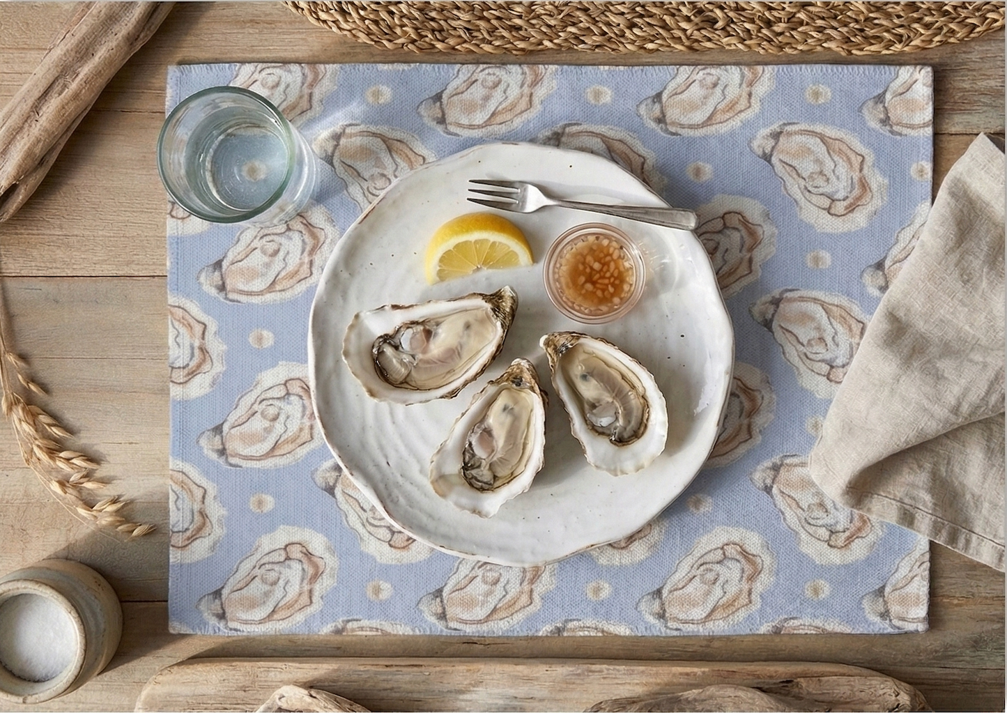 Oyster Pattern 12 x 17 Fabric Placemat - Tan or Blue