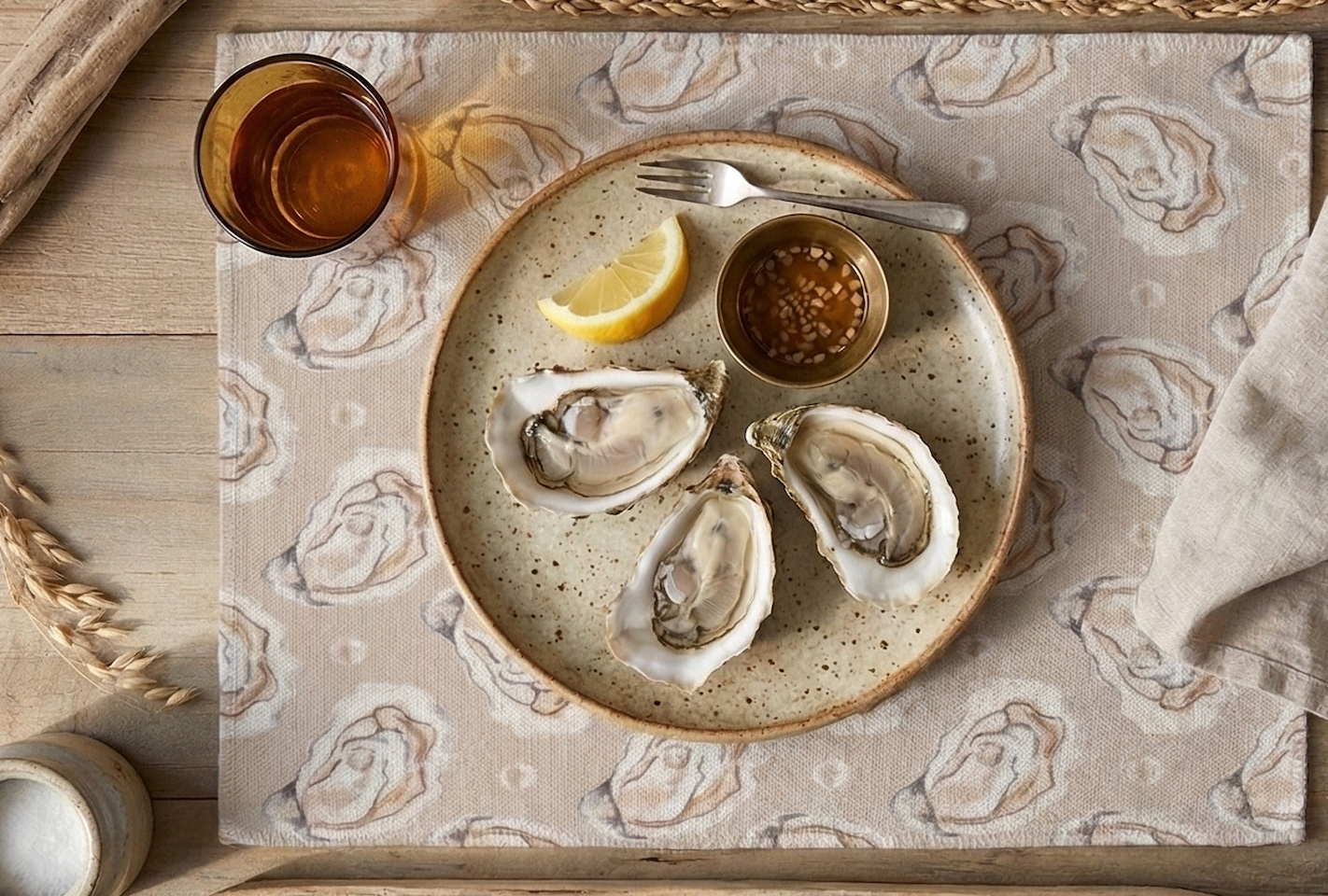 Oyster Pattern 12 x 17 Fabric Placemat - Tan or Blue