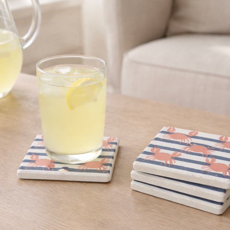 Coastal Crab Soapstone Coasters – Set of 4, 4" Square, Nautical Stripe Drink Coasters with Cork Back