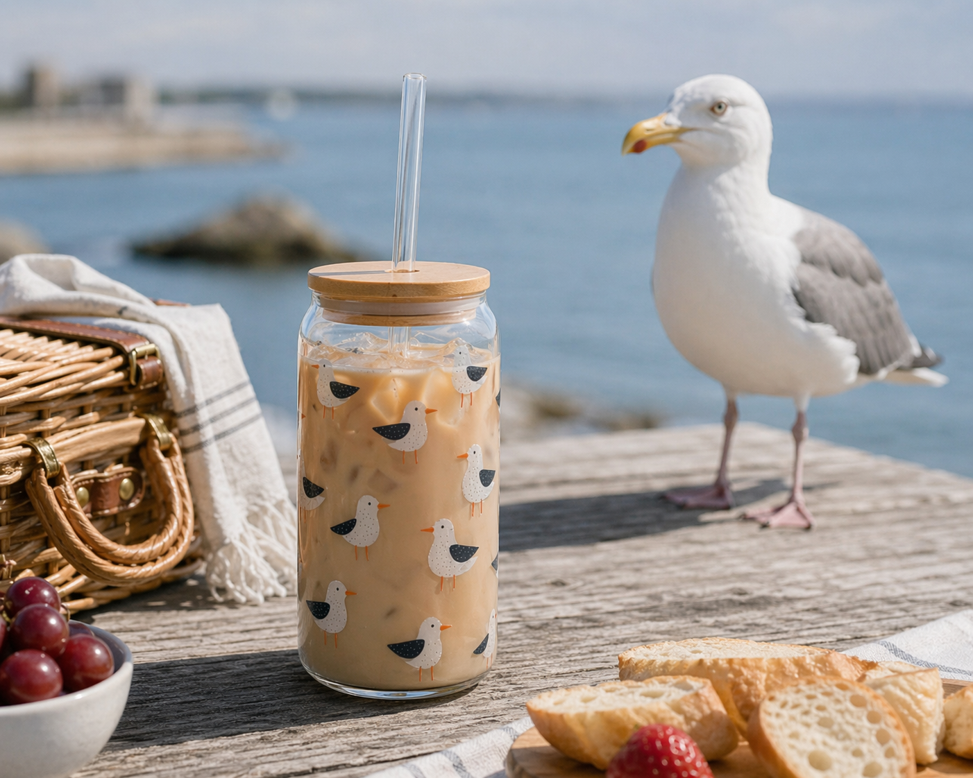 Seagull Glass 16 oz. Can Tumbler with Bamboo Lid & Straw, Coastal Drinkware, Beach House Iced Coffee Glass, Nautical Kitchen Cup
