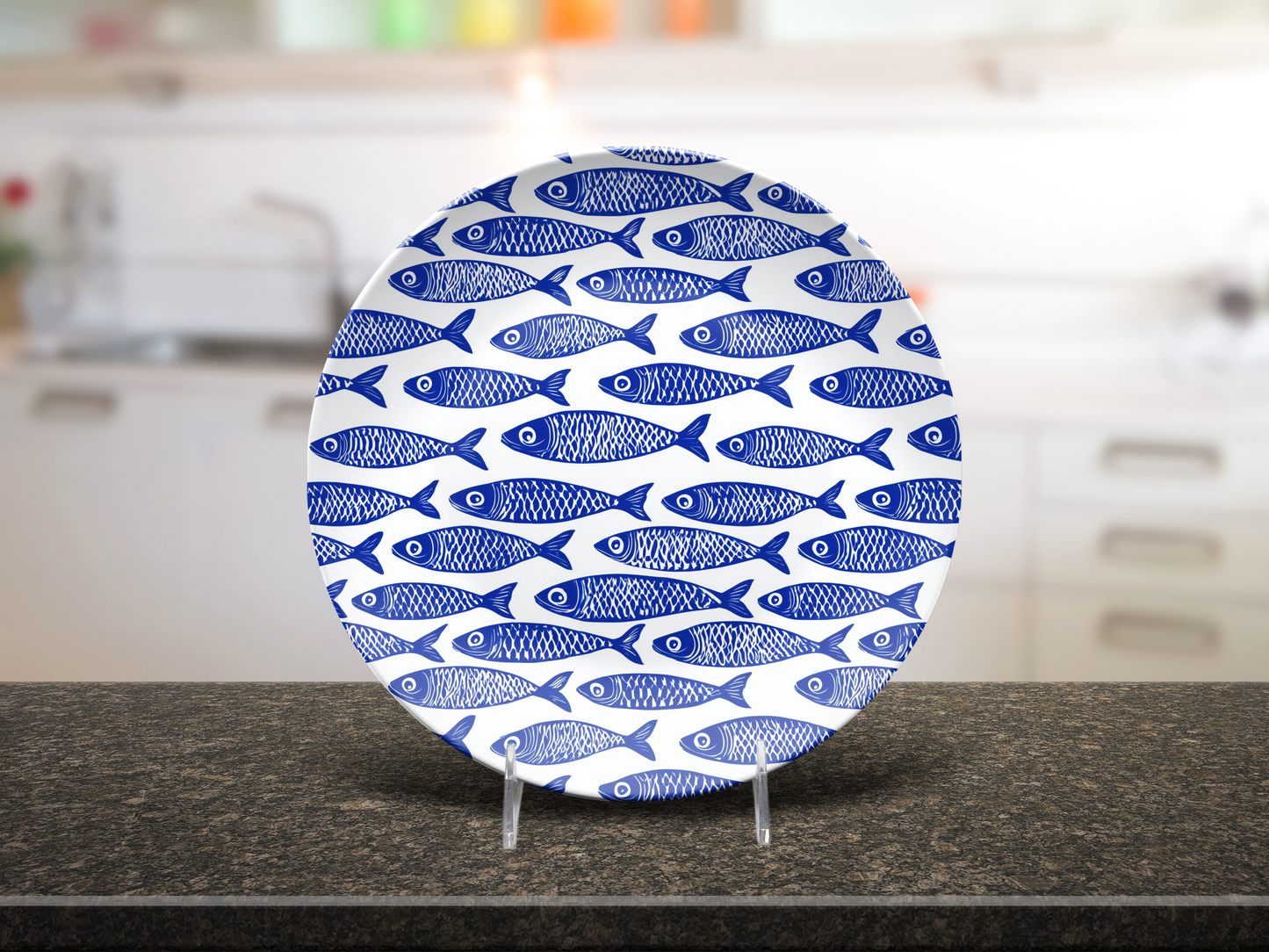 Blue Fish Dinner Plate, Durable Polymer, Dishwasher Safe Plate, Eco-Friendly USA Made, Nautical Kitchen Decor - 10" Round