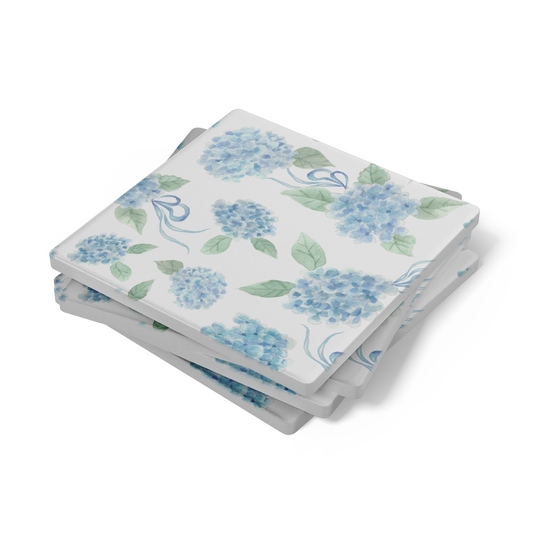 Blue Hydrangea Coasters Set of 4, Stone Drink Coasters, Floral Table Decor, Cottage Kitchen Accent, Housewarming Gift for Flower Lovers