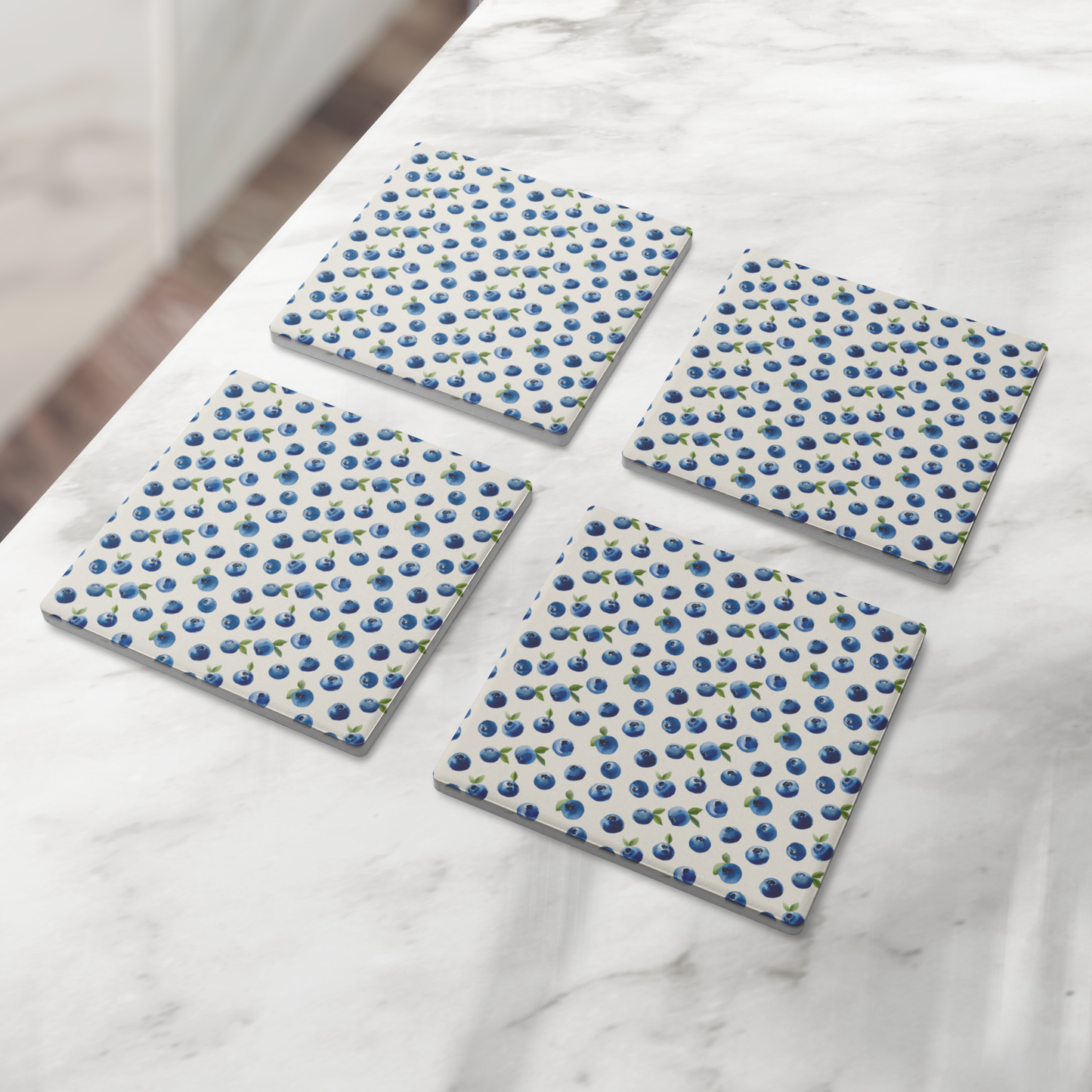 Maine Blueberries Pattern Stone Coasters, Set of 4, Absorbent Drink Coasters with Cork Backing, Kitchen Decor