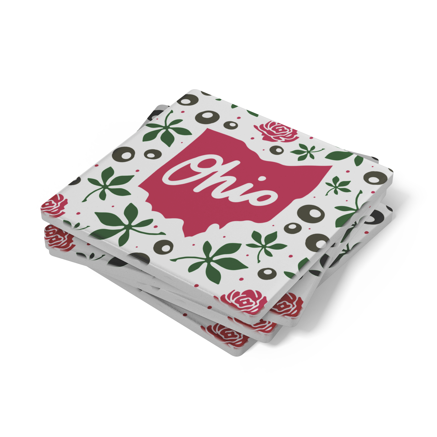 Ohio Stone Coaster Set (4), featuring buckeyes and carnations