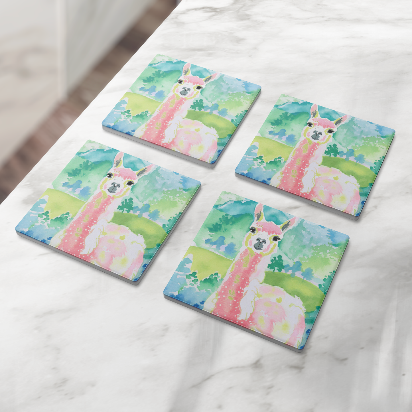 Watercolor Llama 4" Stone Coaster Set | Set of 4
