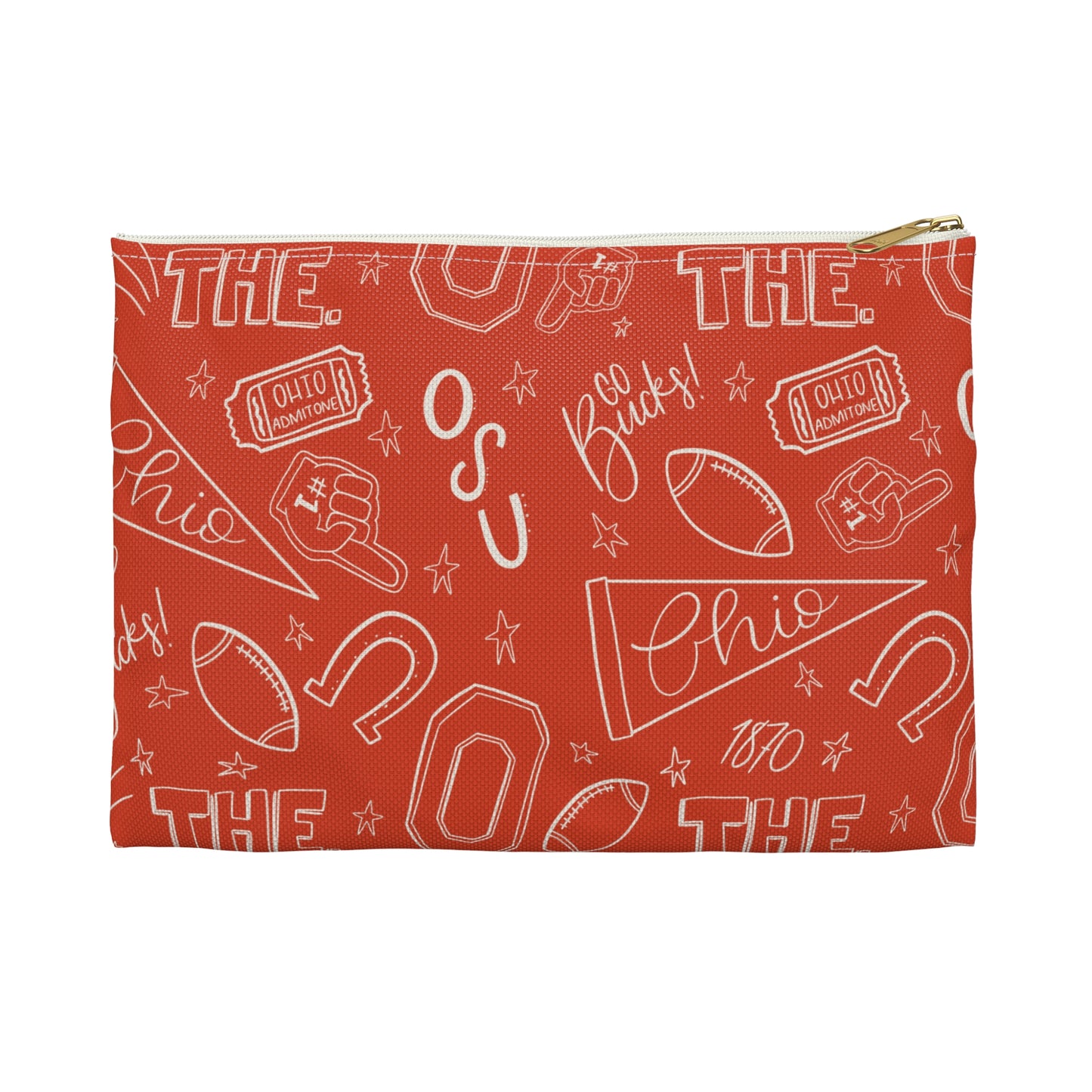 Ohio Scribble Pattern Football Pouch, Buckeyes Cosmetic Bag, College Sports Pencil Case, Red Travel Organizer, Game Day Accessory Gift for Fans