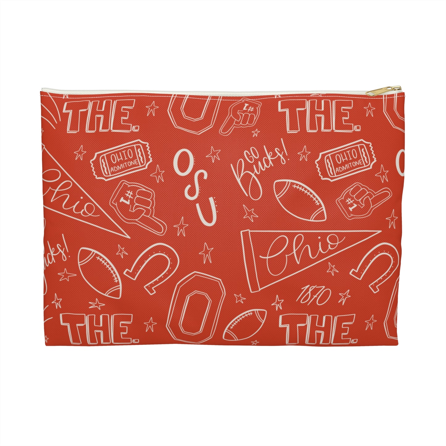 Ohio Scribble Pattern Football Pouch, Buckeyes Cosmetic Bag, College Sports Pencil Case, Red Travel Organizer, Game Day Accessory Gift for Fans
