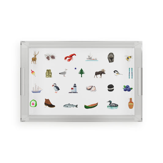 Maine Icons Acrylic Serving Tray | 11" x 17" Coastal Entertaining Tray | Modern Maine Keepsake | Made in USA