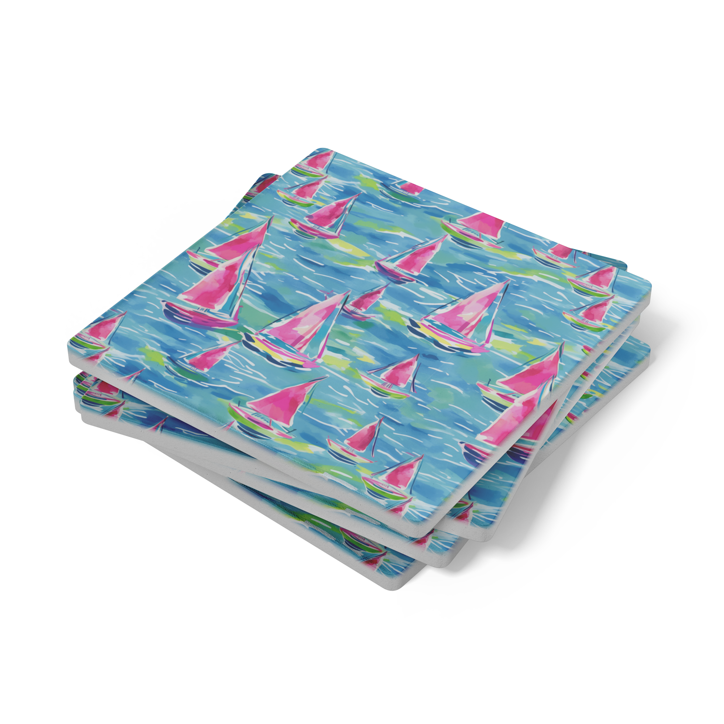 Pink Sailboat Watercolor 4" Stone Coaster Set | Set of 4