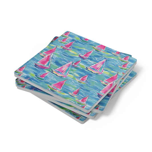 Pink Sailboat Watercolor 4" Stone Coaster Set | Set of 4
