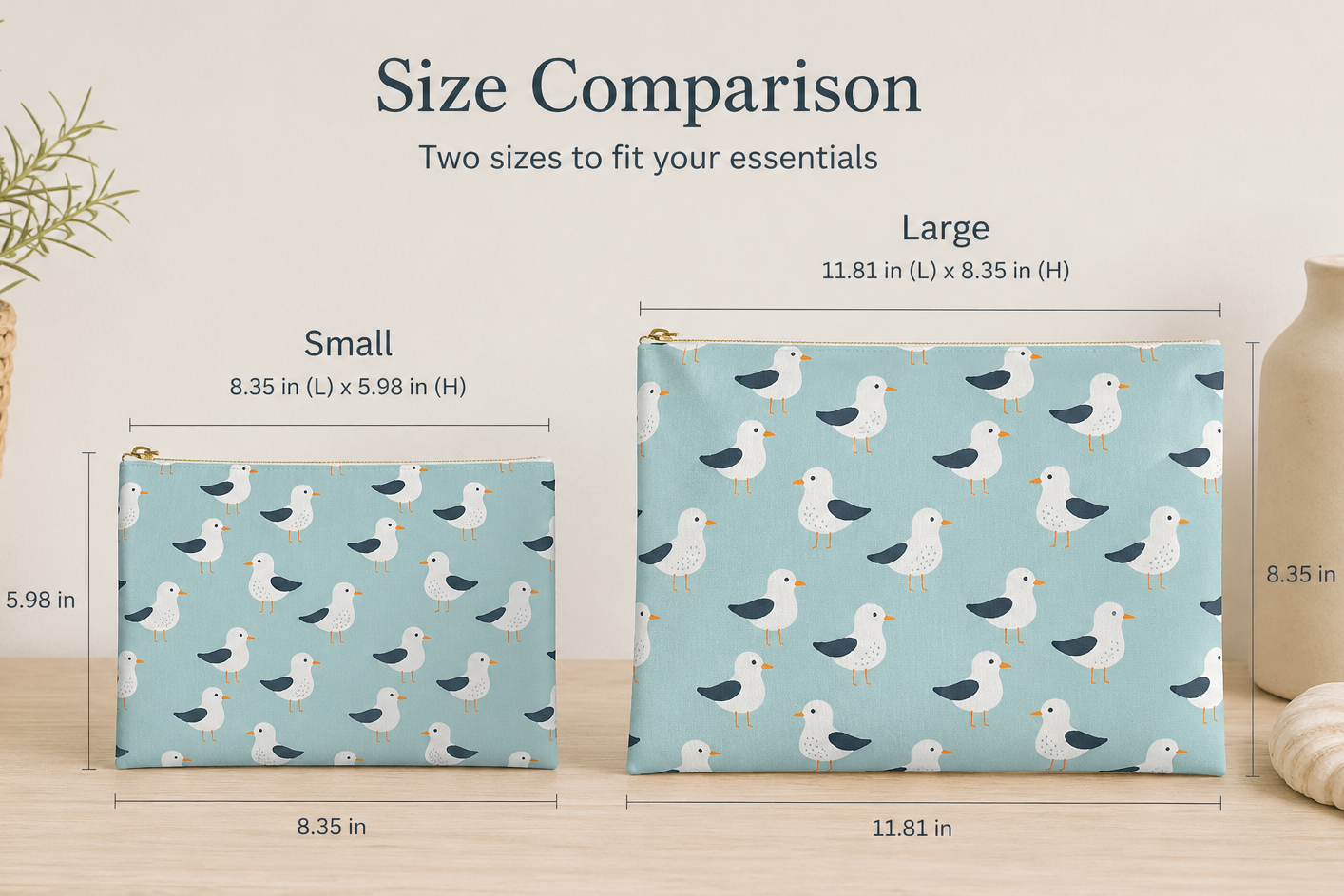 Seagull Pattern Zipper Pouch, Coastal Cosmetic Bag, Beach Travel Organizer, Seaside Pouch