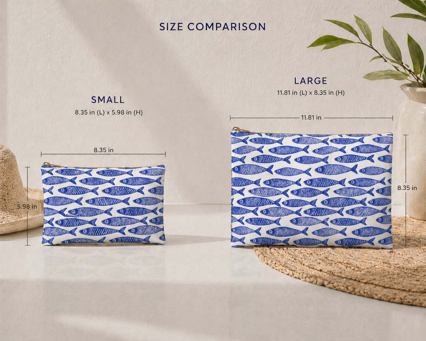 Blue Fish Pattern Zipper Pouch | Coastal Cosmetic Bag | Nautical Travel Case | Beach Makeup Bag | Ocean-Inspired Organizer Accessory Pouch