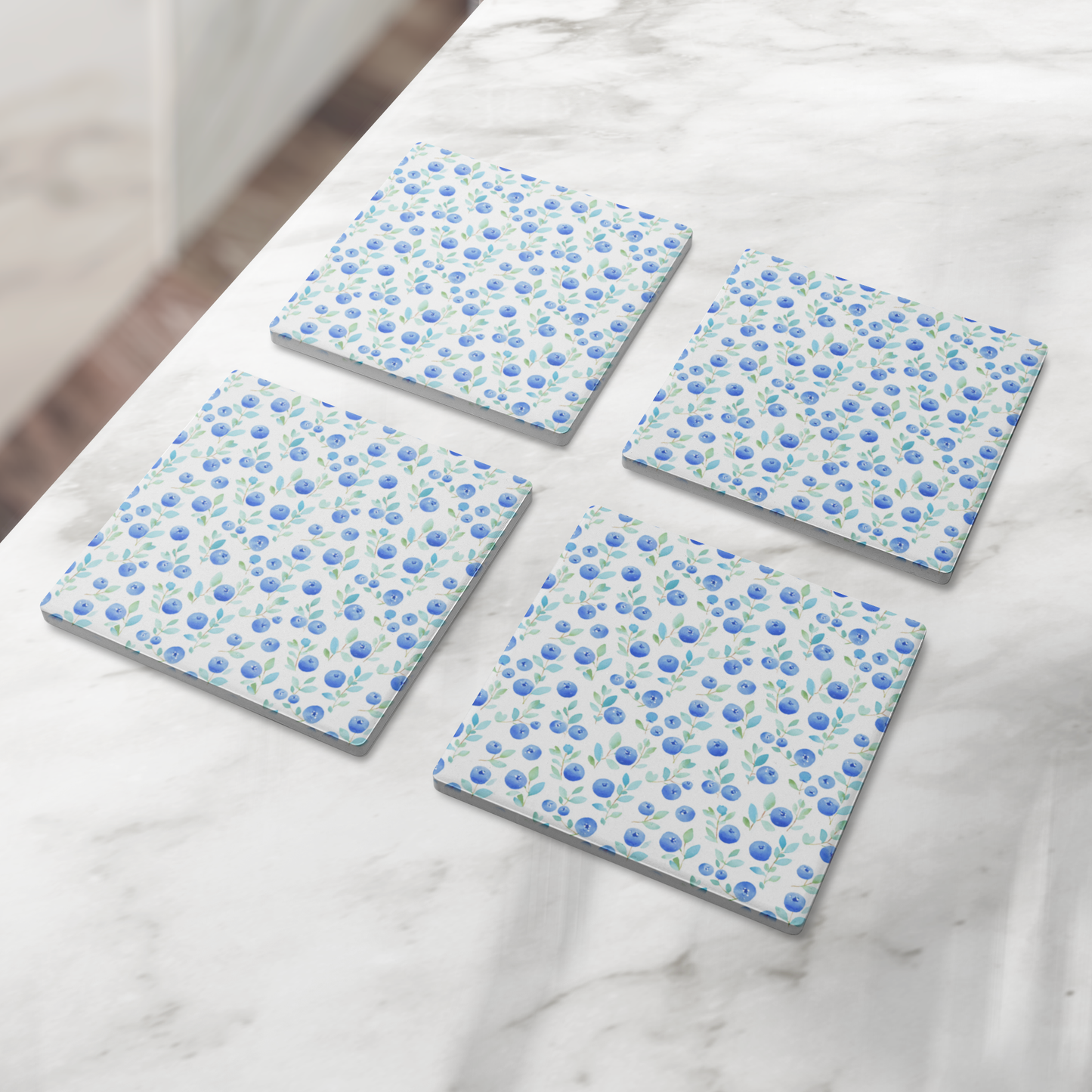 Maine Blueberry Pattern Stone Coasters, Set of 4, Absorbent Drink Coasters with Cork Backing, Maine Blueberries Kitchen Decor