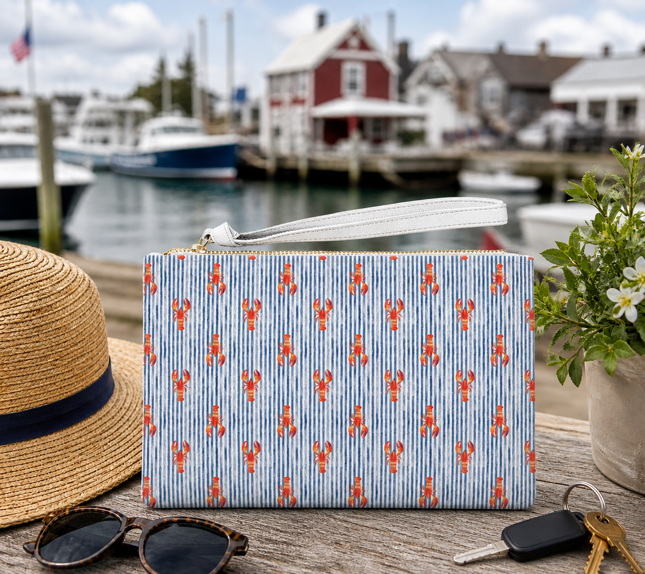 Blue Stripe Lobster Wristlet / Clutch