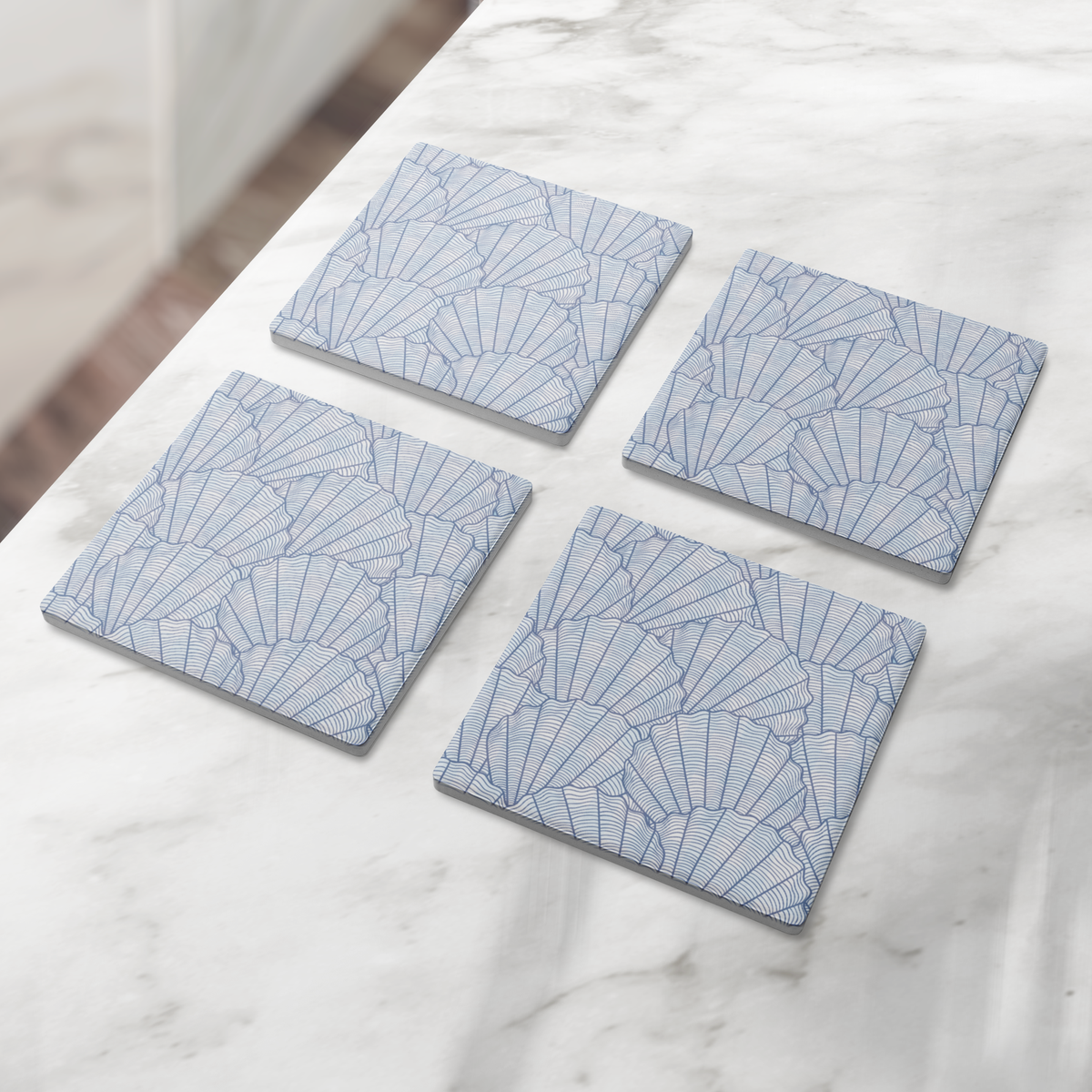 New England Seashell Coasters, Set of 4 Stone Drink Coasters, Maine Coastal Decor, New Hampshire Beach House Gift, Massachusetts Table Decor