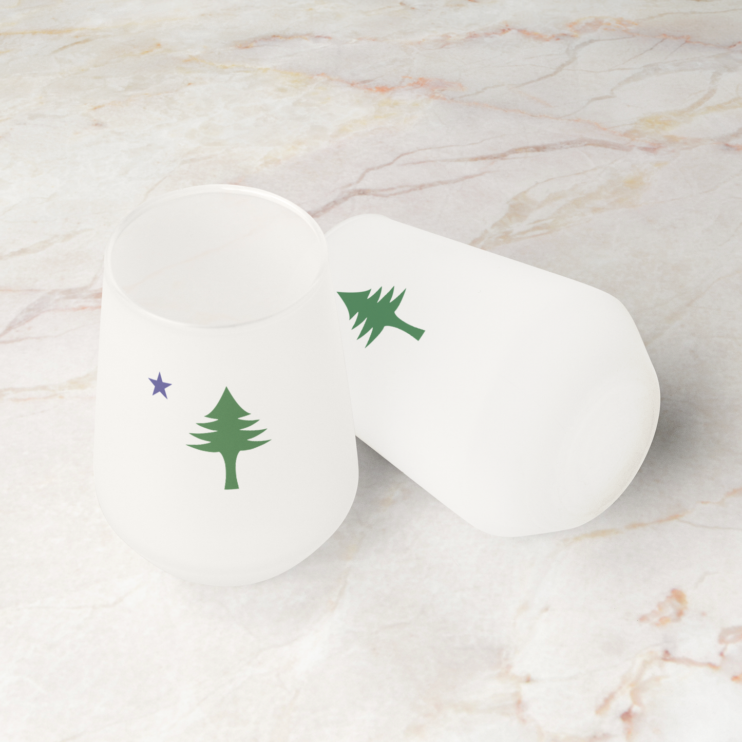 Frosted Maine Pine Tree Stemless Wine Glass (13oz) | Minimal North Star Design | Coastal New England Drinkware