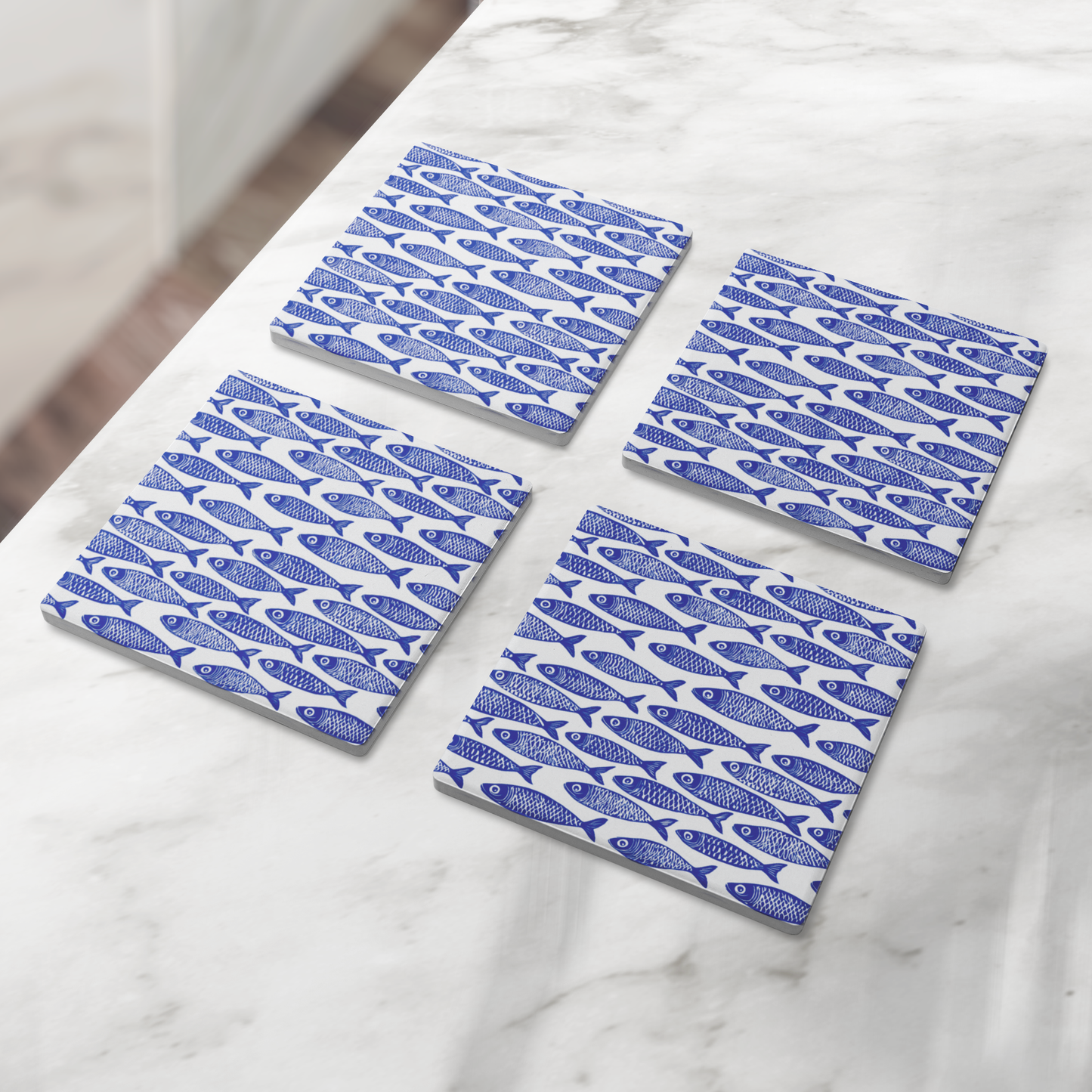 Blue Fish Stone Coasters, Nautical Absorbent Coaster Set, 4" Square with Cork Back (set of 4)