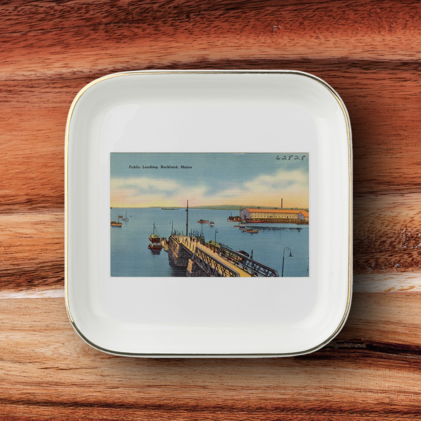 Rockland Maine Harbor Jewelry Dish, Public Landing Coastal Trinket Tray, Nautical Keepsake Gift, Gold-Trimmed Ceramic Catchall Dish