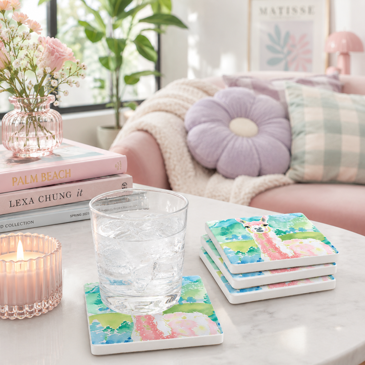 Watercolor Llama 4" Stone Coaster Set | Set of 4