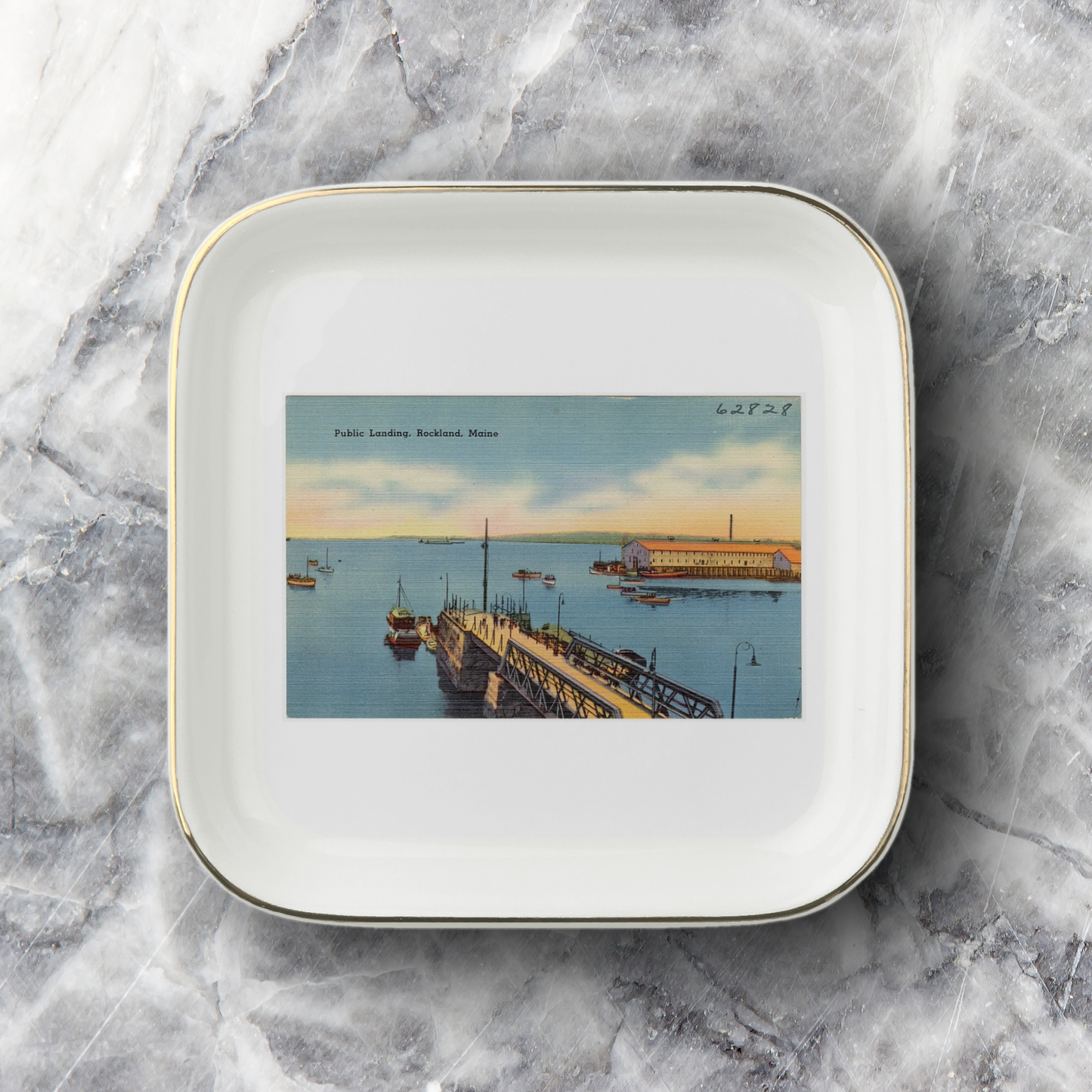 Rockland Maine Harbor Jewelry Dish, Public Landing Coastal Trinket Tray, Nautical Keepsake Gift, Gold-Trimmed Ceramic Catchall Dish