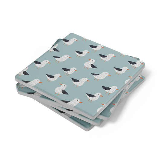 Coastal Seagull Stone Coasters, 4" Square Absorbent Coaster Set with Cork Back (Set of 4)
