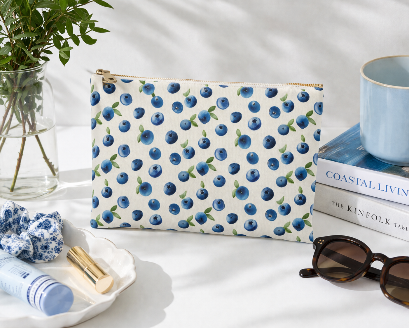 Maine Blueberry Flat Zipper Pouch | Coastal Cosmetic Bag, Travel Organizer