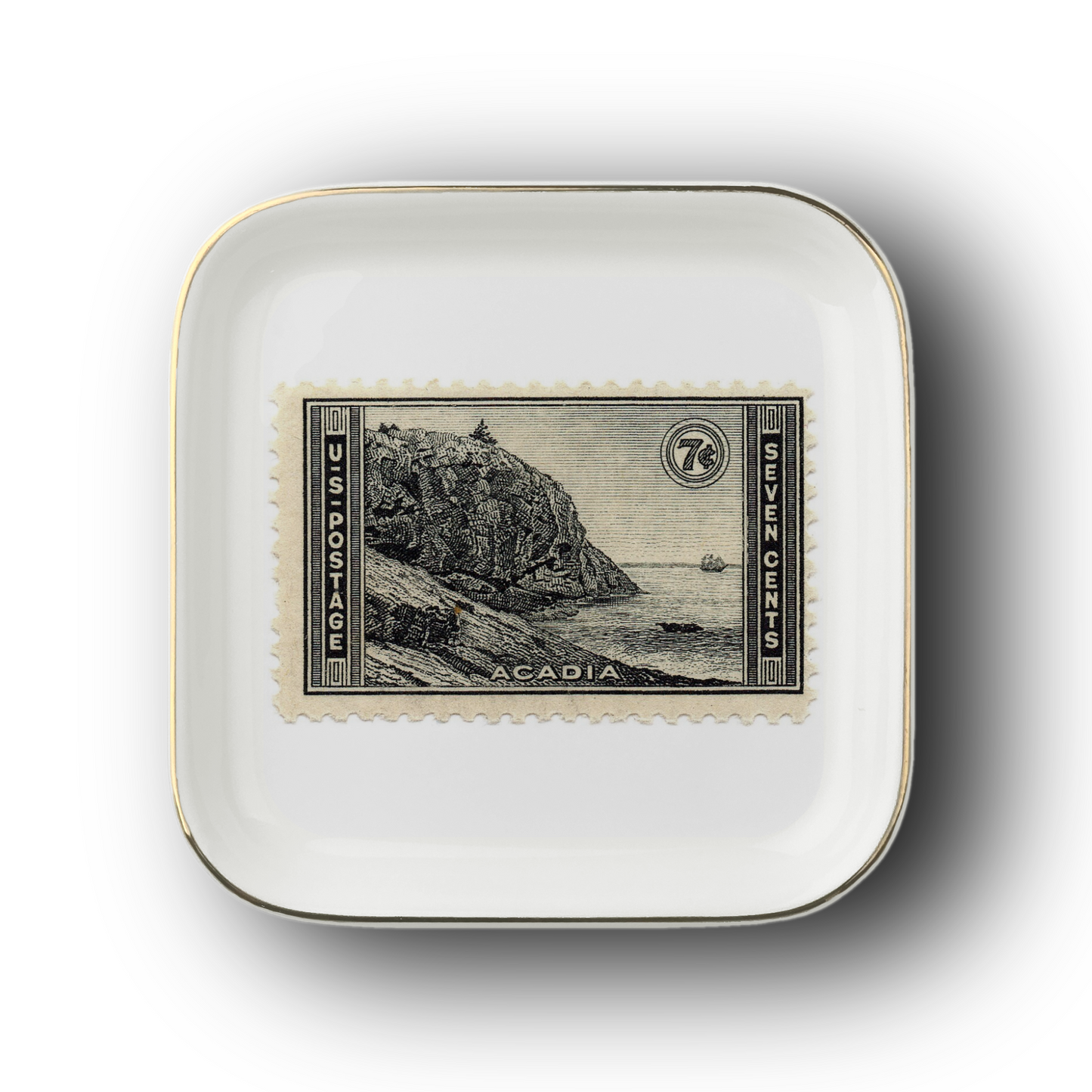 Acadia National Park Stamp Jewelry Dish, Vintage Postage Art Trinket Tray, Gold Trim Ceramic Catchall for Rings and Small Treasures