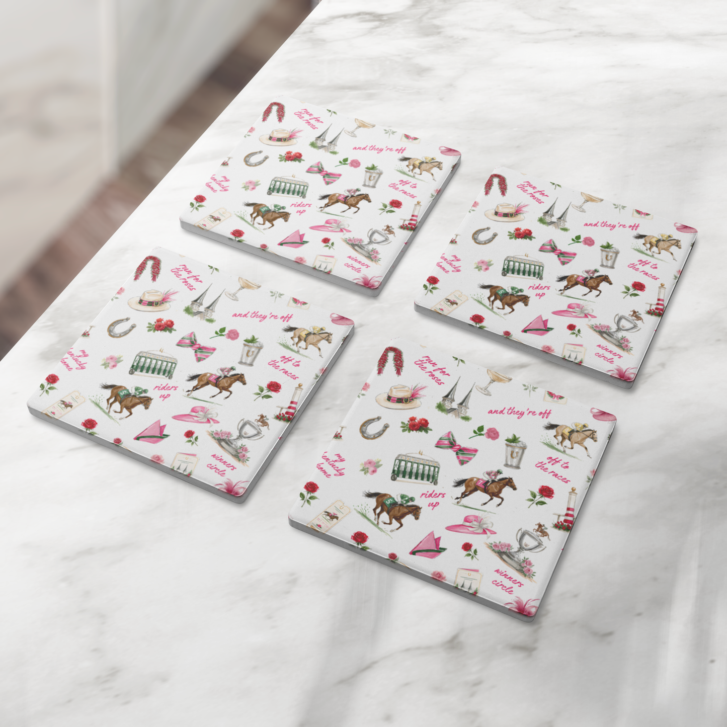 Kentucky Derby Coaster Set, Derby Day Stone Coasters, Horse Racing Decor, Equine Theme Drinkware, Derby Party Gift Coasters