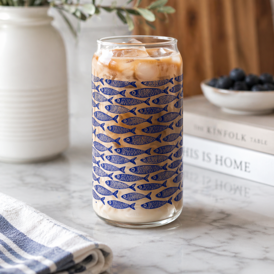 Blue Fish Pattern Glass Can Tumbler with Bamboo Lid & Straw, Coastal Drinkware, Ocean-Inspired Iced Coffee Glass, Beach House Kitchen