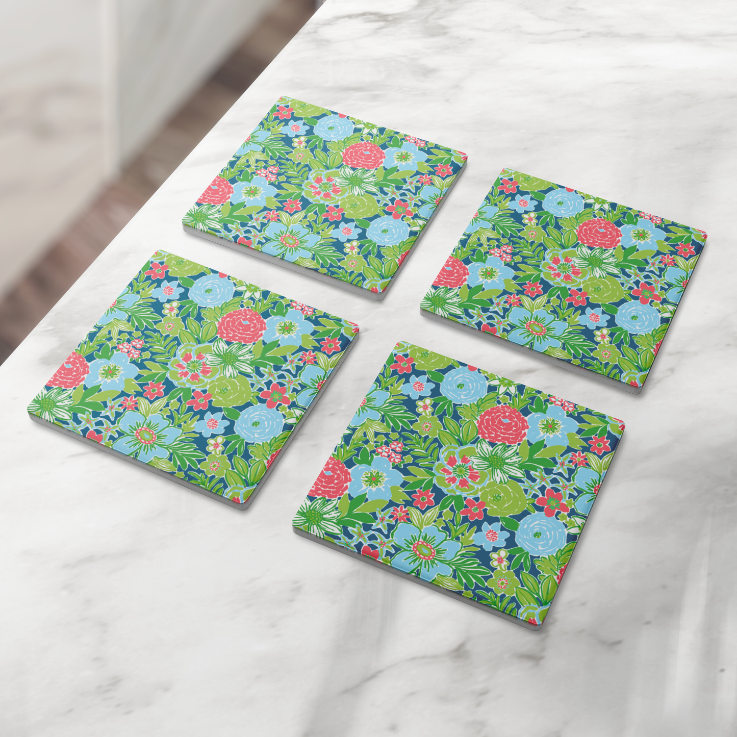 Coastal Floral Stone Coaster Set (Set of 4)