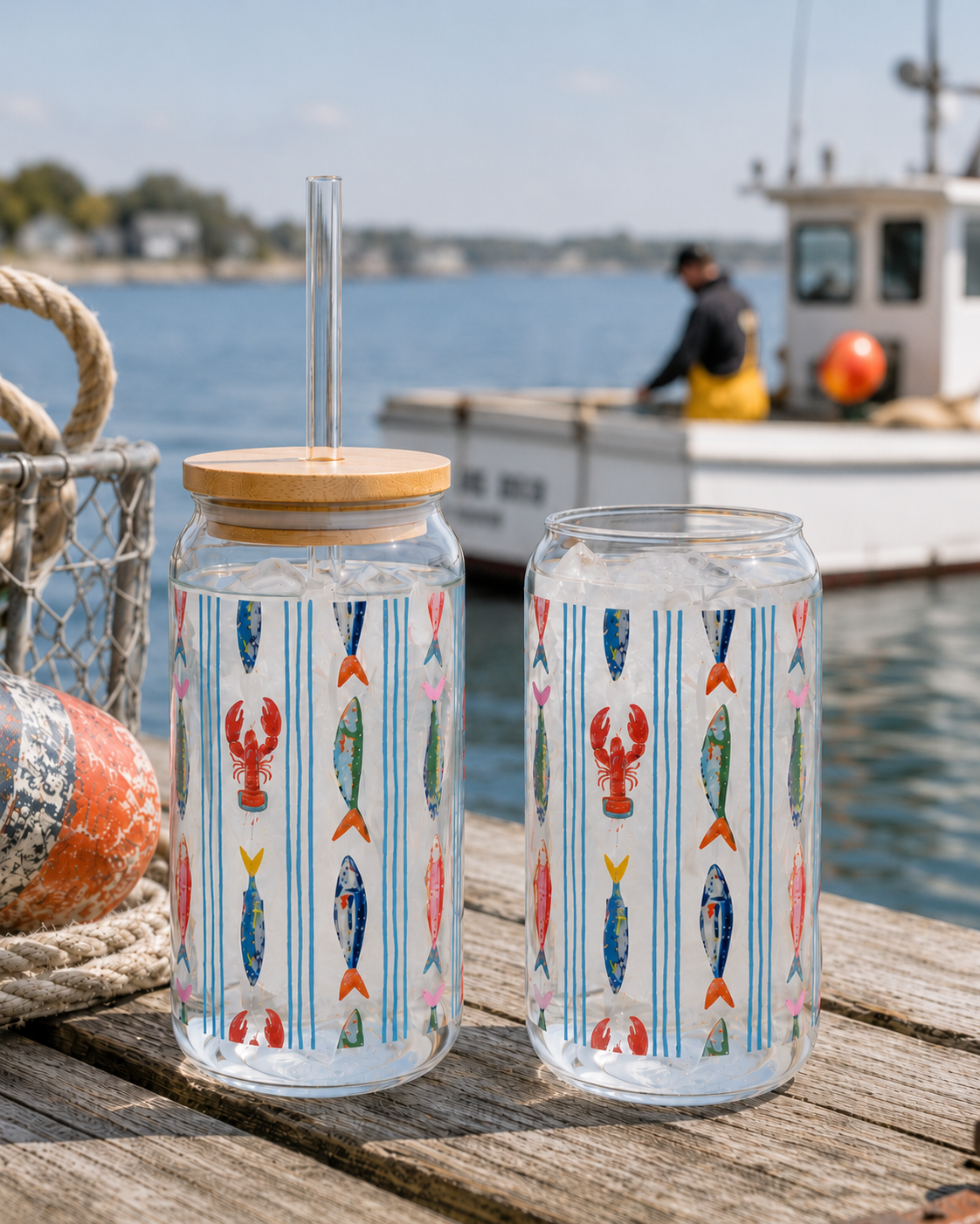 Fisherman Aesthetic 16oz Glass Tumbler with Bamboo Lid and Straw