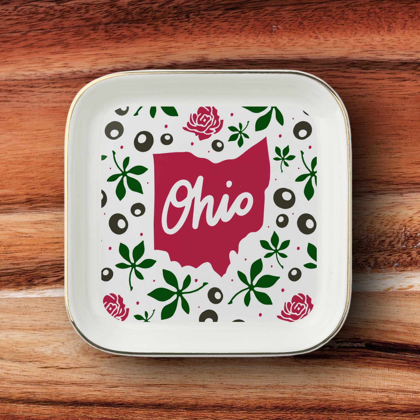 Ohio Jewelry Dish featuring Ohio Silhouette, buckeyes & carnations