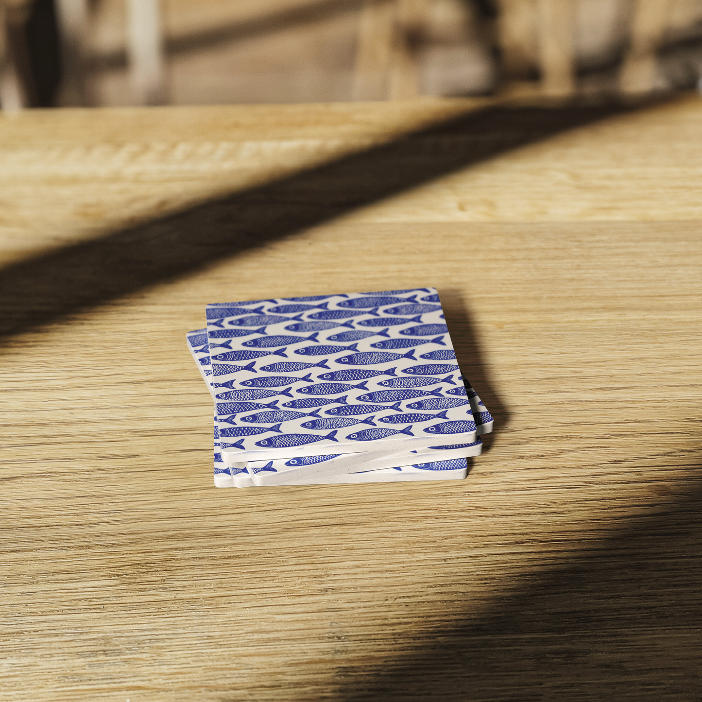 Blue Fish Stone Coasters, Nautical Absorbent Coaster Set, 4" Square with Cork Back (set of 4)