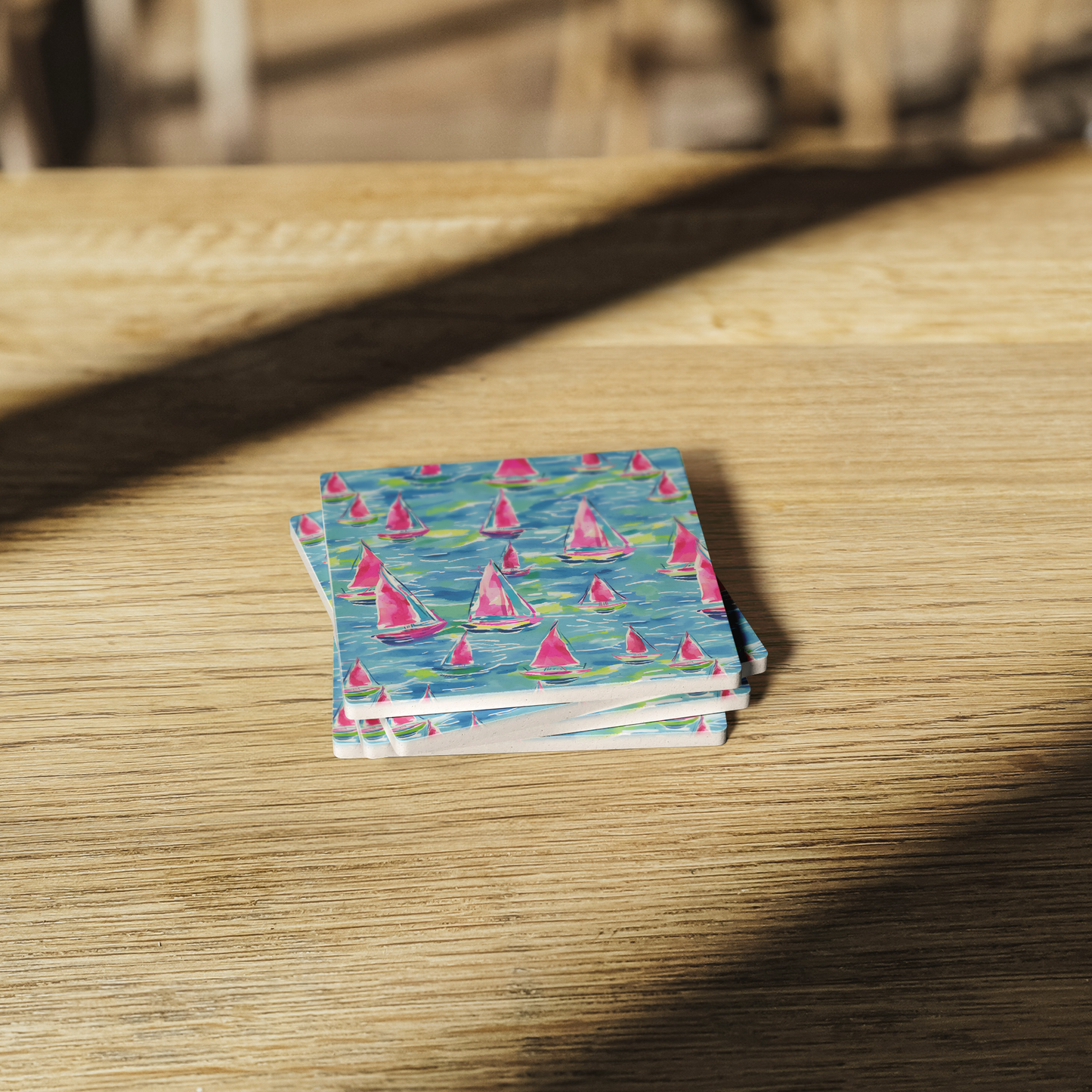 Pink Sailboat Watercolor 4" Stone Coaster Set | Set of 4