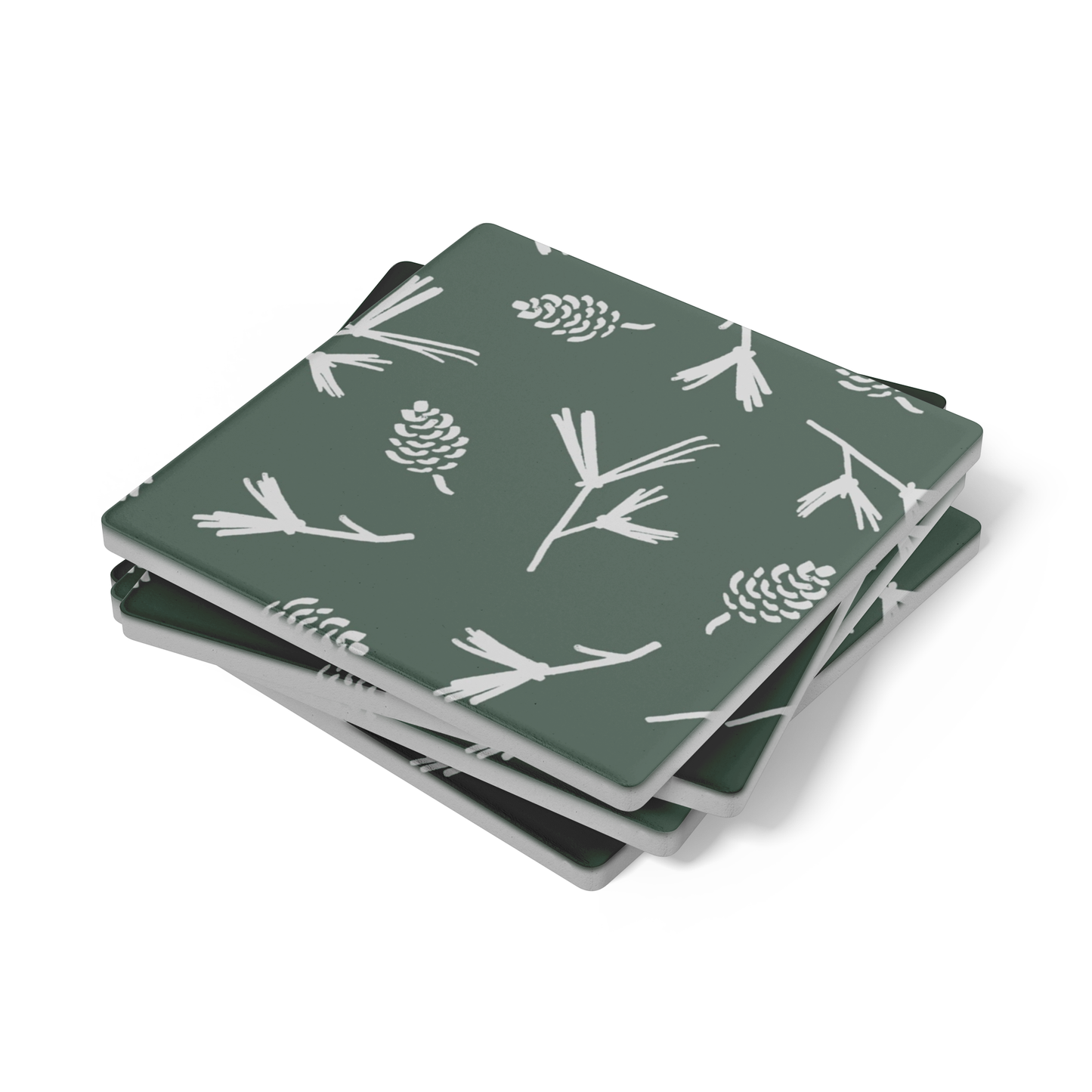 Green Pinecone Stone Coasters, Holiday Table Decor, Forest Theme Coasters, Maine Square Coasters Gift Set (set of 4)
