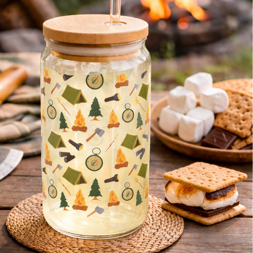 Camping Pattern Can Glass – 16oz Glass Tumbler with Bamboo Lid & Straw