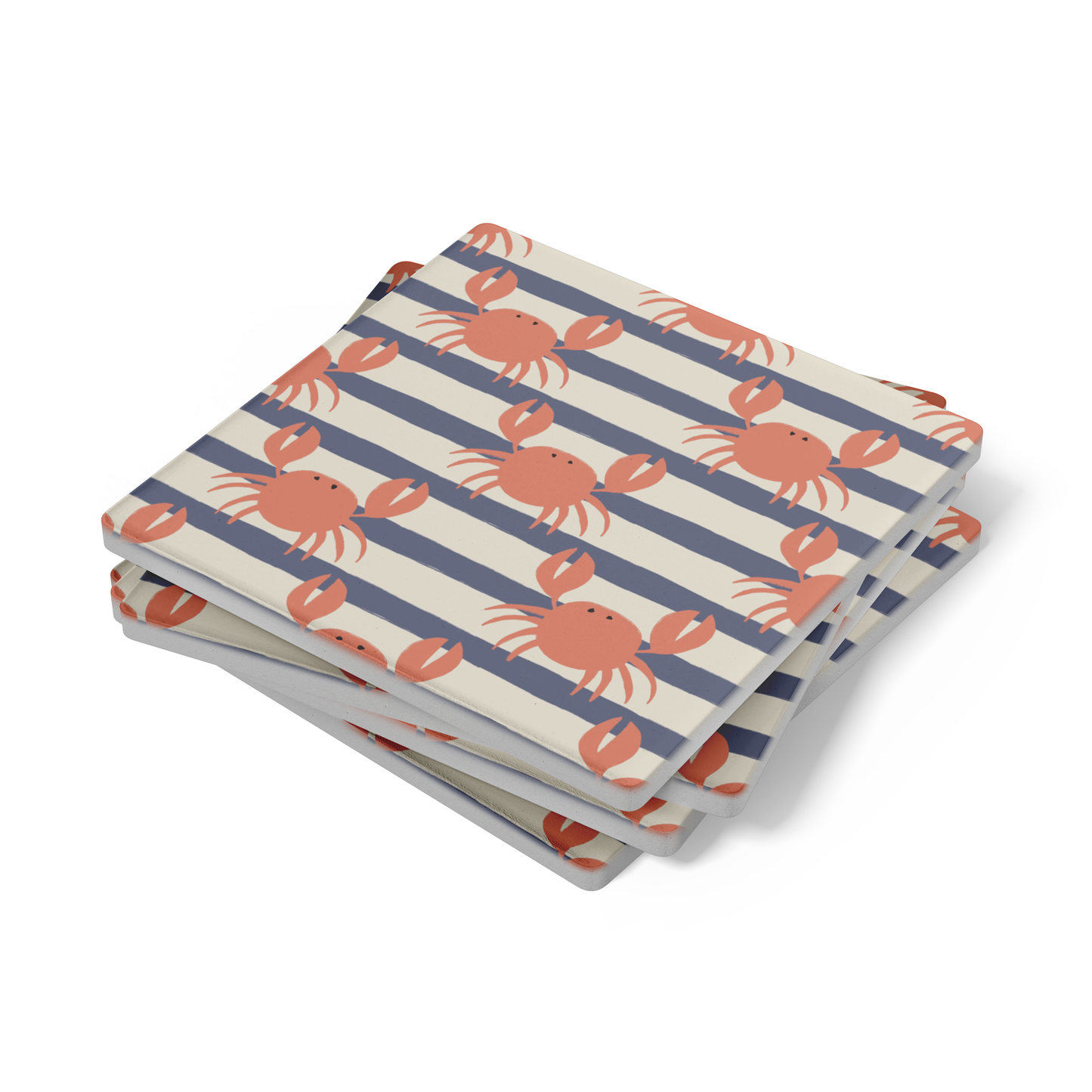 Coastal Crab Soapstone Coasters – Set of 4, 4" Square, Nautical Stripe Drink Coasters with Cork Back