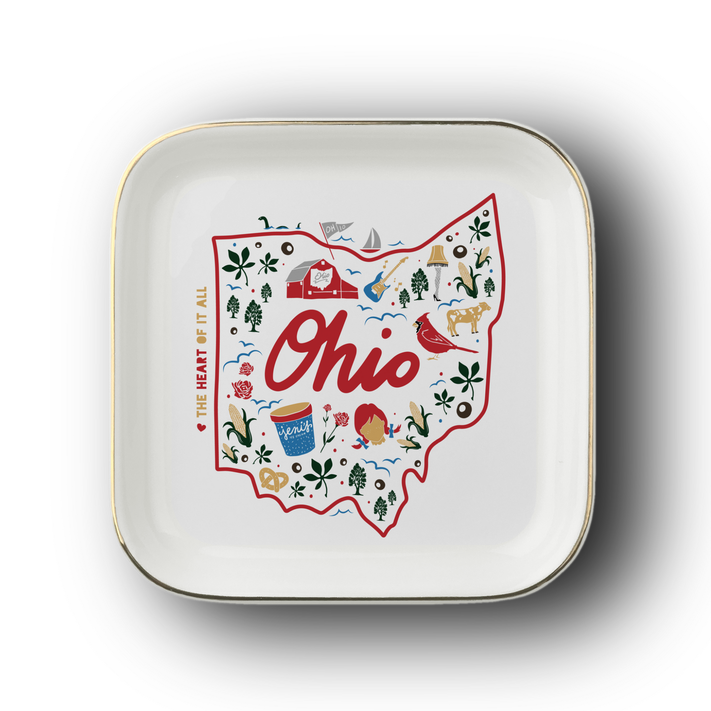 State of Ohio Icons 4.5 inch Ceramic Jewelry Dish - Buckeye Gift, Buckeye Hostess Gift