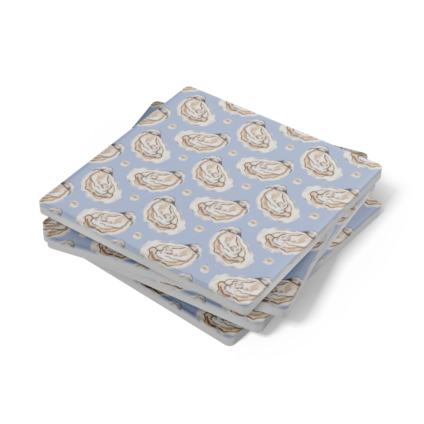 Coastal Oyster Coasters – Blue or Tan Soapstone Drink Coasters with Cork Backing, New England Coastal Decor (4" set of 4)
