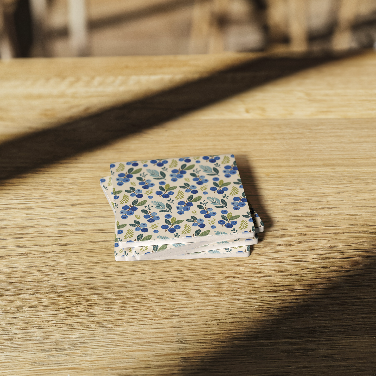 Blueberry Pattern Stone Coasters, 4x4 Absorbent Coasters with Cork Backing, Cute Home Gift Set, Rustic Kitchen Accessory, Unique Drink Holder