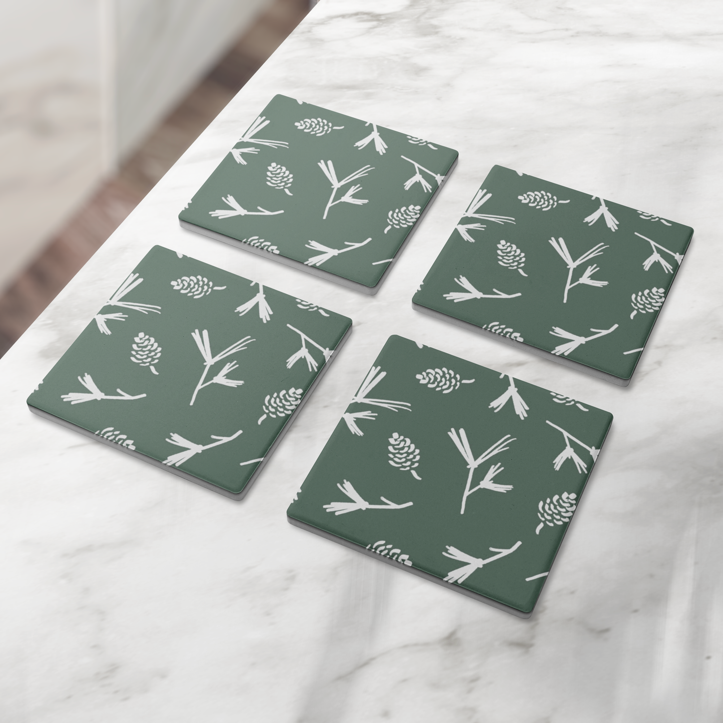 Green Pinecone Stone Coasters, Holiday Table Decor, Forest Theme Coasters, Maine Square Coasters Gift Set (set of 4)
