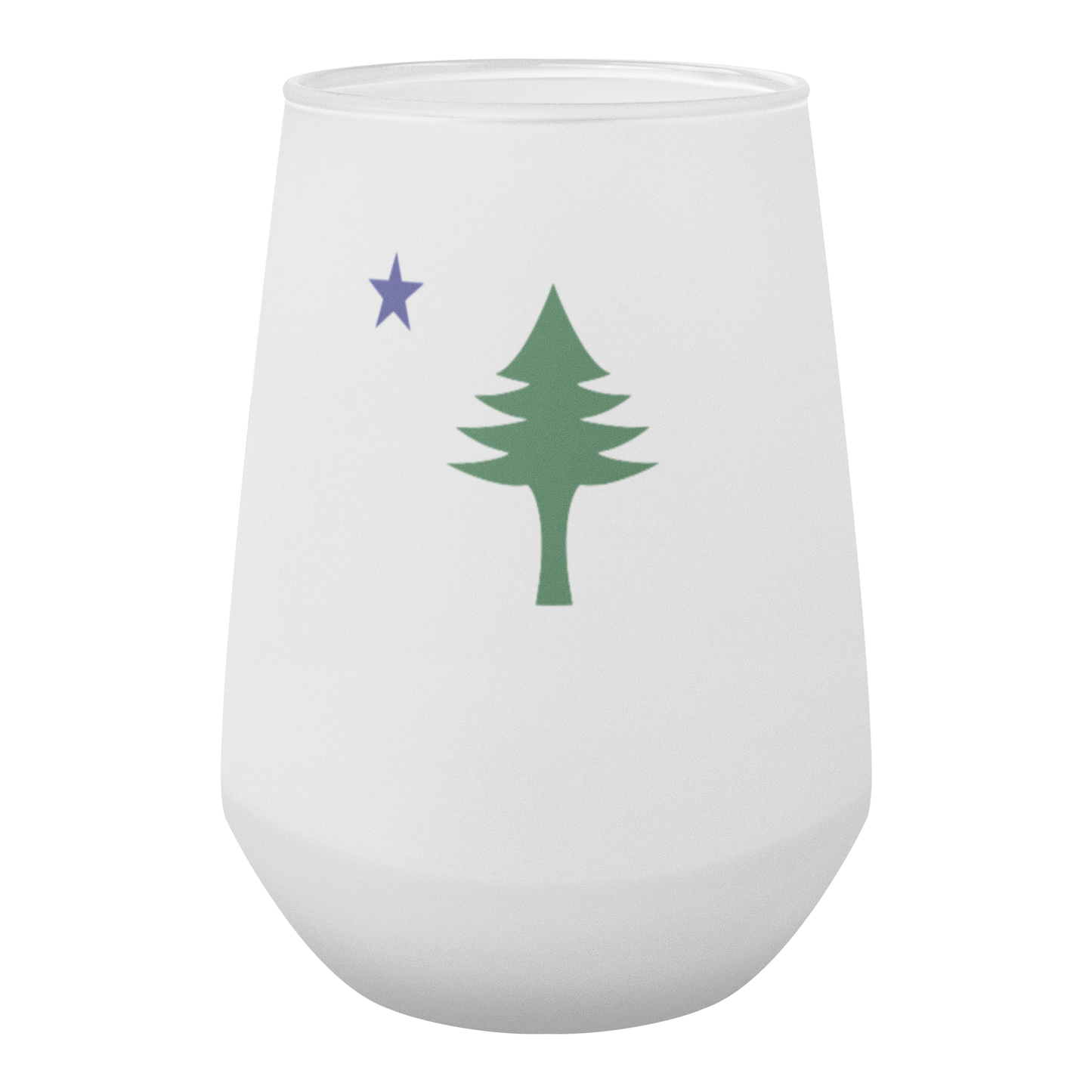 Frosted Maine Pine Tree Stemless Wine Glass (13oz) | Minimal North Star Design | Coastal New England Drinkware