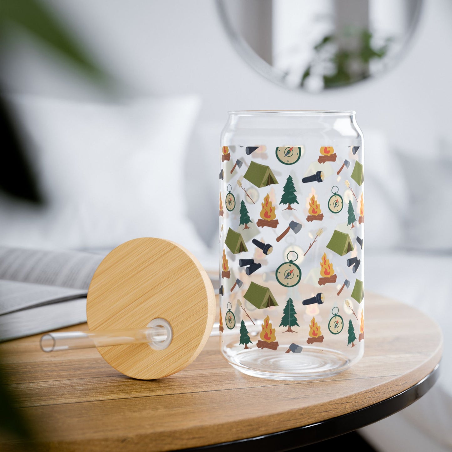 Camping Pattern Can Glass – 16oz Glass Tumbler with Bamboo Lid & Straw