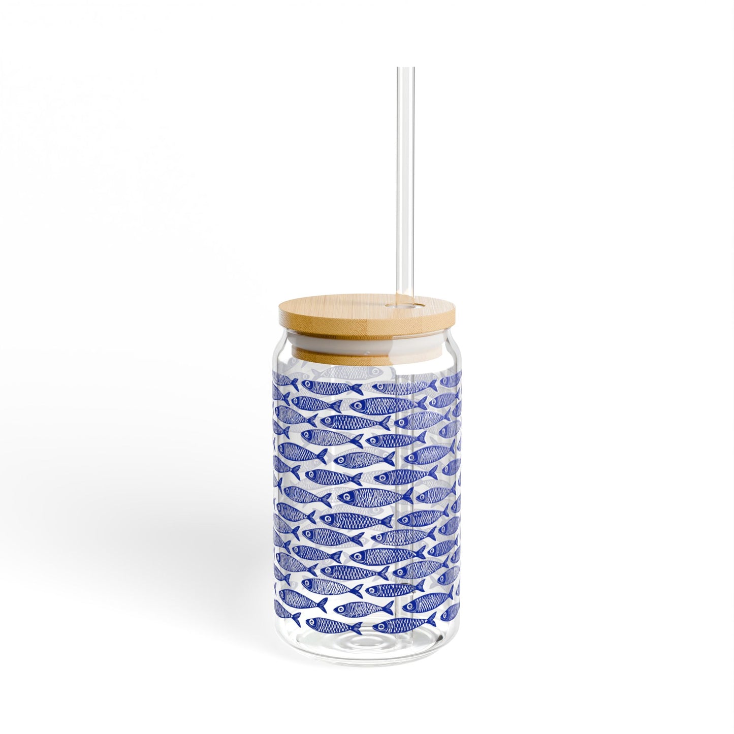 Blue Fish Pattern Glass Can Tumbler with Bamboo Lid & Straw, Coastal Drinkware, Ocean-Inspired Iced Coffee Glass, Beach House Kitchen