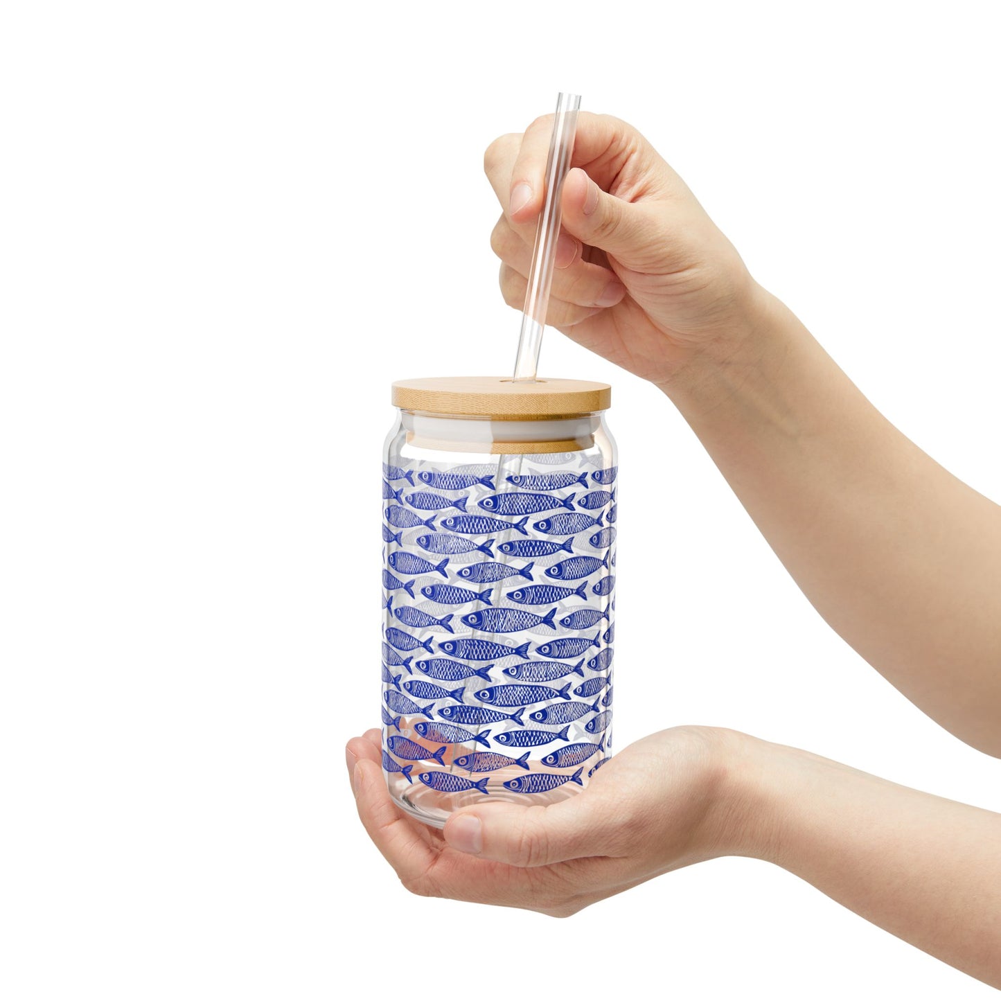 Blue Fish Pattern Glass Can Tumbler with Bamboo Lid & Straw, Coastal Drinkware, Ocean-Inspired Iced Coffee Glass, Beach House Kitchen