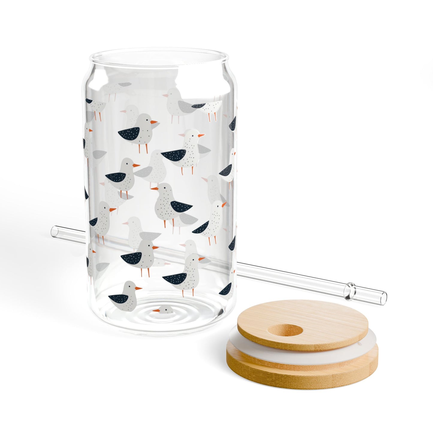 Seagull Glass 16 oz. Can Tumbler with Bamboo Lid & Straw, Coastal Drinkware, Beach House Iced Coffee Glass, Nautical Kitchen Cup