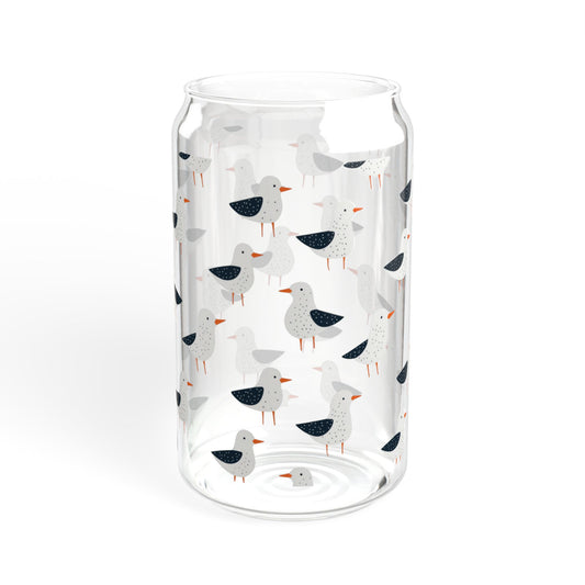 Seagull Glass 16 oz. Can Tumbler with Bamboo Lid & Straw, Coastal Drinkware, Beach House Iced Coffee Glass, Nautical Kitchen Cup