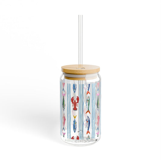 Fisherman Aesthetic 16oz Glass Tumbler with Bamboo Lid and Straw