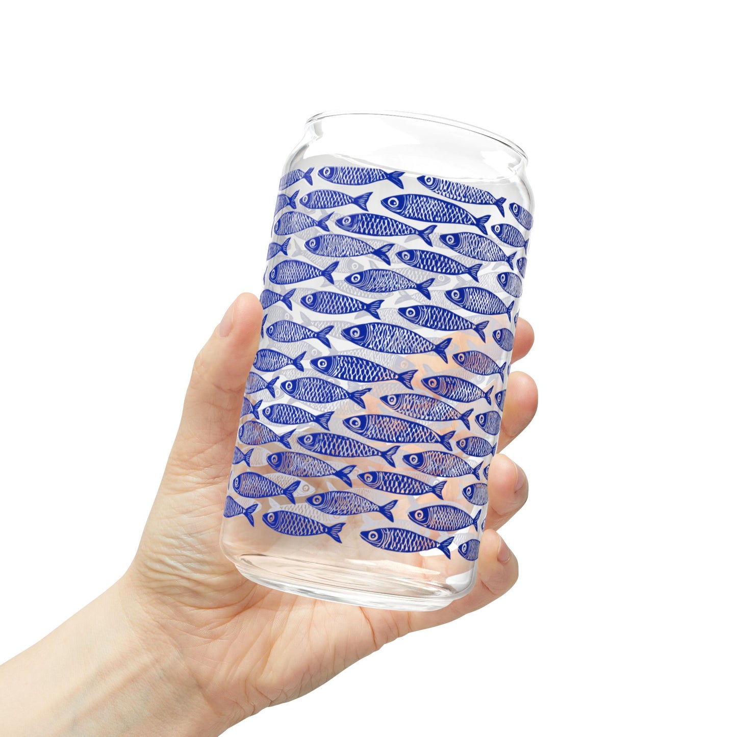 Blue Fish Pattern Glass Can Tumbler with Bamboo Lid & Straw, Coastal Drinkware, Ocean-Inspired Iced Coffee Glass, Beach House Kitchen